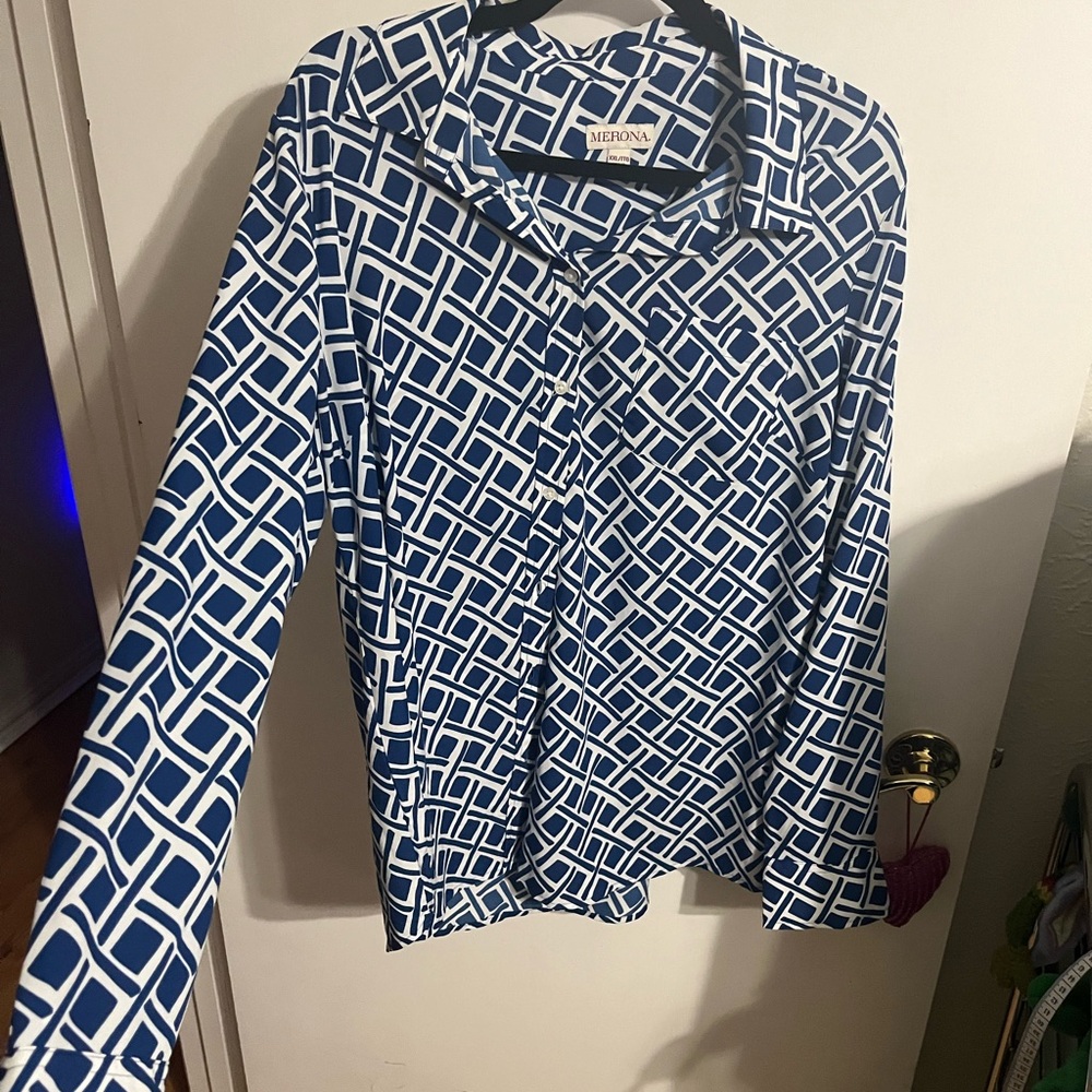 ❤️ XXL Merona Blue Geometric Print Women's Button Down Top - Picture 2 of 10